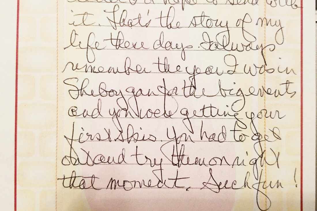 A handwritten letter that shows the story about the birthday skis transcribed below. (Compass Creative Dramatics - Barbara Kenyon Creativity & Bravery Scholarship)